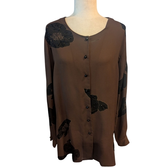 Kenneth Jay Lane Brown/ Black Button Down Flowy Old Money Silk Tunic Top Sz L - Picture 8 of 9